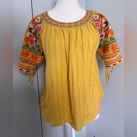 THML Tops - THML Yellow Blouse with Embellished Pleats and Embroidery Floral Pattern